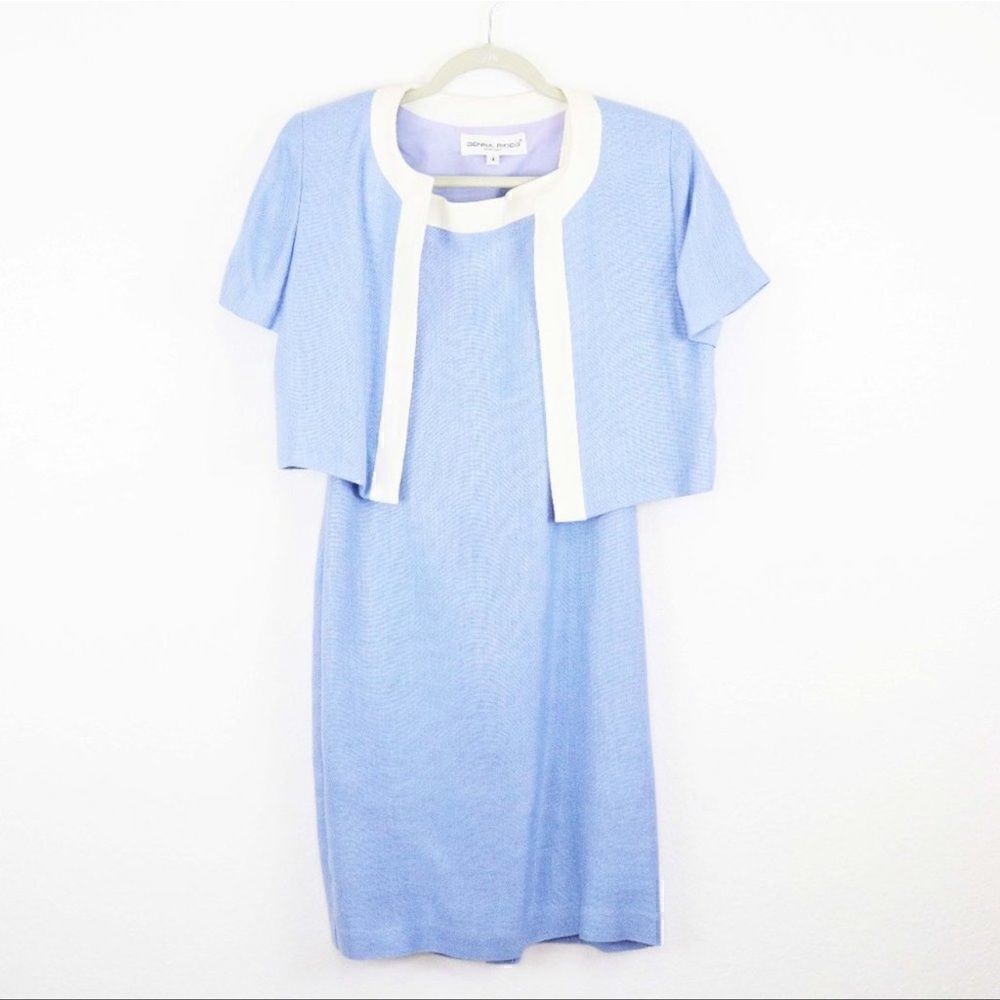 DONNA RICCO- Light Blue with White Trim Dress with Bolero Jacket, Size 8